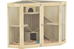 PawHut Hamsterkäfig aus Holz, Nagerkäfig mit 4 Ebenen, Hütten, Wippe, Kleintierstall mit Fütterungsstation, Rampe, Kleintierkäfig Mäusekäfig für Zwerg- und Syrische Hamster, 115 x 69,5 x 79 cm