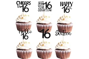 ALEGRE Cupcake Deko 16 Geburtstag,24 Stück Sweet 16 Tortendeko 16 Geburtstag Junge Mädchen,Schwarz Muffin Deko 16. Geburtstagdeko,Hello 16 Cupcake Topper 16. Geburtstagdeko,Happy 16th Kuchendeko 16