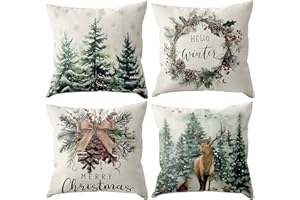 Fairymaiden Federe Cuscini Natalizi 45 x 45cm, Set da 4 Decorazioni Natalizie Quadrati in Qualità Lino, Natale Decorazioni Casa con Renne Pini Sisegno per Divano Letto Soggiorno Celebrazione Christmas