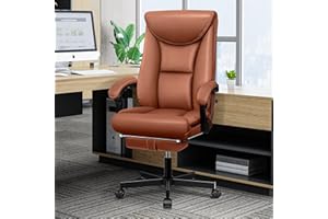 DoChair Fotel szefa, szerokie krzesło biurowe, ergonomiczne, wysokie oparcie, 150 kg, z podnóżkiem, ze skóry PU, brązowy