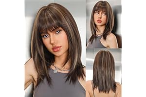 WOKESTAR Long Straight Wigs for Women with Fringe, Layered Synthetic Dark brown with Highlights Color Wigs for Women