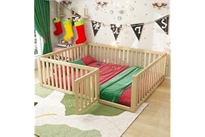 ‎JOVIFY Kinderbett 140x200 cm, Montessori Bodenbett mit Tür inkl. Rausfallschutz Zaun, Massivholz Gitterbett Montessori Bett Babybett Kinder Jugendbett Doppelbett für Jungen & Mädchen, Holzfarbe