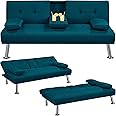 Yaheetech Sofa Bed Fabric Click Clack Sofa Bed with 2 Cup Holders, Convertible Futon Settee, Futon Recliner Lounge for Living Room, Spare Room, Bedroom, Aqua Blue