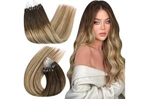 Ugeat Extensiones Pelo Natural Microring Balayage Rubio Liso 35cm 50 hebras Extensiones de Pelo Natural con Micro Castaño Oscuro Medio Remy Invisibile Cabello Humano 50G