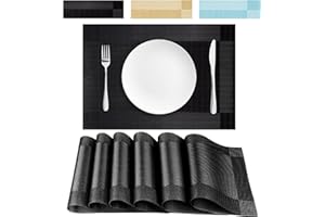 jiuzcare Tovagliette Americane Lavabili Plastica PVC Set 6 Pezzi Tovaglietta da Tavola Non-Scivolose Antiscivolo Antimacchia Resistenti Calore Tovagliette Adatto Tavolo da Pranzo Cucina 45x30cm, Nero