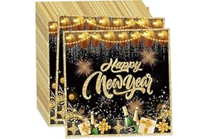 ‎LOMYLM 20STK Silvester Servietten, Happy New Year Servietten, Silvester Deko 2026 Papierservietten Glitzer Schwarz Gold Neujahr Partyservietten Tischdeko Party Zubehör, 33x33cm