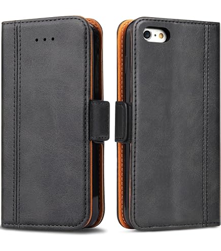 Asuwish Coque pour iPhone 5S/5/SE 2016 avec Verre Trempé Rabat Support Cuir Porte Carte Portefeuille Étui i 5SE 1 S SE2016 1. Generation Housse Phone Cover Case Noir