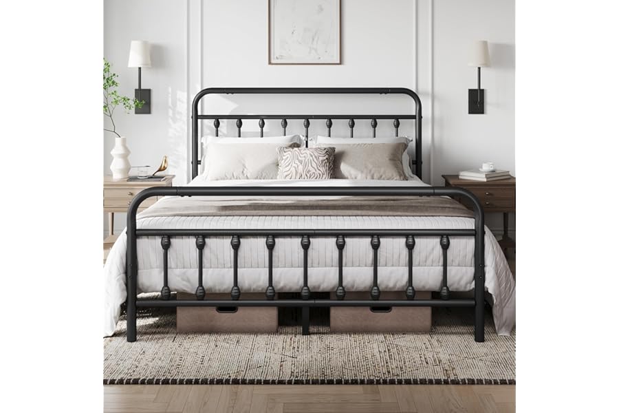 Yaheetech 5ft King Bed Frame Vintage Iron Platform Bed with High Headboard and Footboard, Strong Metal-Framed Bed with Storage Black