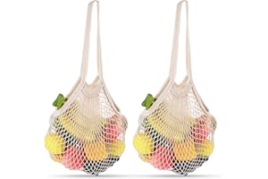 Jeffdad Confezione da 2 sacchetti per la spesa in rete di cotone, riutilizzabili, lavabili, organizer per la spesa, per frutta e verdura (borsa con manico lungo)
