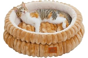 PAWZ Road Katzenbett waschbar, Hundebett kleine Hunde, Rundes, Flauschiges Katzenkissen, Katzenschlafplatz-Bettchen, Katzenkorb, Braun, 51x51x20cm