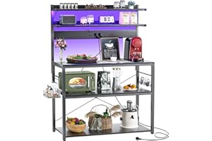 ‎ISUNIRM iSunirm Bäckerregal mit Steckdose, Mikrowellenständer, 5-stufige Kaffeebarstation mit LED-Leuchten, Küchenregal mit 6 S-förmigen Haken, Küchenregal für Gewürze, Töpfe und Pfannen, Schwarz