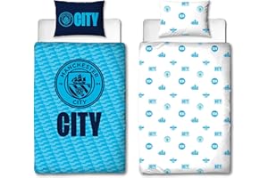 MANCHESTER UNITED Manchester City Oficjalny zestaw poszewek na kołdrę FC Character World, wzór Crestcol, niebieska, dwustronna, piłkarska, oficjalny produkt, w tym pasująca poszewka na poduszkę
