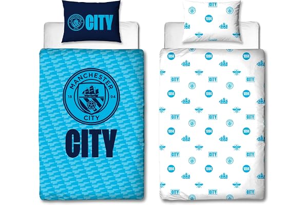 Character World Officiell Manchester City FC enkelt påslakanset, Crestcol design | Blå vändbart 2-sidigt fotbolls sängkläder överdrag officiella varor inklusive matchande örngott