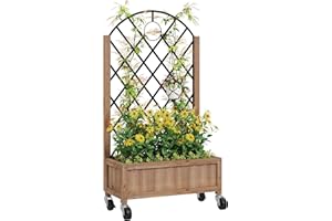 Outsunny Raised Garden Bed with Metal Trellis, Wooden Elevated Planter Box with Wheels and Drainage Holes, Outdoor Raised Planter for Climbing Plants, Fruits, Vegetables, Flowers, Brown