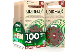 UDIVITA 100 Piles Auditives PR41 Taille 312 (Marron) Udirmax Zinc-Air 0% Mercure 1,45V Eco Pack - 10 Blisters Écologiques de 10 Piles