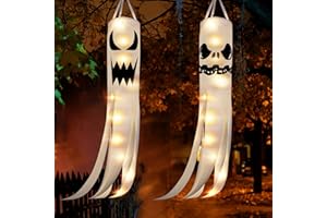 HIBOOM 2 Pieces 40 Inch Horrible Ghost Windsocks Flag Halloween Spooky Windsocks Outdoor Hanging Decoration with 2 Flashing Modes Warm White LED Lights for Patio Garden Party Supplies (Classic Style)