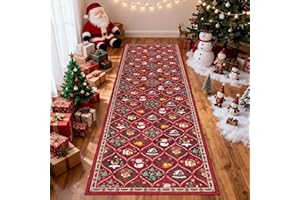 Enyhom Christmas Runner Rugs for Hallway, 80 x 200 cm Xmas Kitchen Runners Non Slip Washable Carpet Runners Long Hall Runner for Entryway Corridor Door Bedside Laundry Room, Red
