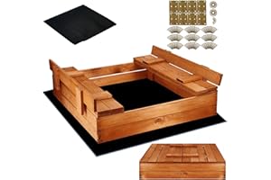 SPRINGOS Arenero de Jardín para Niños Arenero Cuadrado de Madera Impregnada con 2 Bancos y Tapa 98 x 98 cm