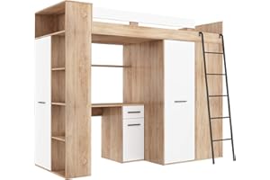 BIM Furniture, VERANA P - Letto a castello, letto a soppalco, 190x90 cm, con scale, armadio, mensola, scrivania, per bambini, lato destro (rovere Sonoma/bianco)