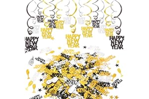 HOWAF Silvester deko 2025 Neujahrdeko Silvester Dekoration Set, 15 Teilig Frohes neues Jahr hängedeko Folie Wirbel Happy New Year Deckenhänger Spiralen Girlande und Konfetti, schwarz, Gold, Silber