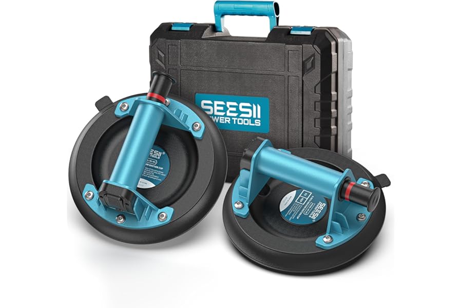SEESII Suction Cups for Glass Lifting: 8" Tile Suction Cup Lifter with Handle and Pump, 200KG Load Capacity Heavy Duty Vacuum Lifter for Lifting Large Tile, Granite, Metal, Windows (2 Pack - 8 Inch)