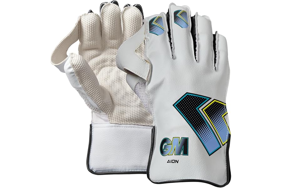 Gunn & Moore GM | Cricket Wicket Keeper Keeping Gloves | Aion | Cotton Lining & Pimple Rubber Palm | PVC Faux Leather Back of Hand | 1 Pair | White, Cyan & Fluro with GM Logo