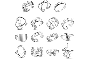 LOLIAS 16 Pezzi Set Anelli Donna Acciaio Inossidabile Boho Anelli Aperto Minimalista Impilabili Anelli Argento Regolabili Nocche Anello con Cuore Farfalla Serpente Donna