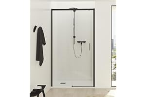 NEBADOON | Mamparas de Ducha - 1 Puerta Corredera + 1 Fijo - Mampara de Ducha Corredera - Perfilería Negra Mate - 119 a 123 cm (Ancho Adaptable 4 cm) x 195 cm (Alto) - Posición Puerta Derecha