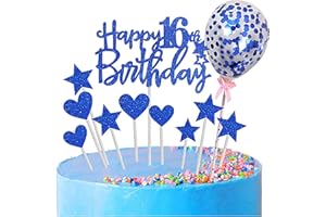 Zayin Personalised Happy 16th Birthday Cake Topper Set,Happy Birthday Sign for Cake,11p Glitter Balloon Stars Heart Cupcake Topper 16th Birthday Cake Party Decoration(The age of 16, Royal Blue)