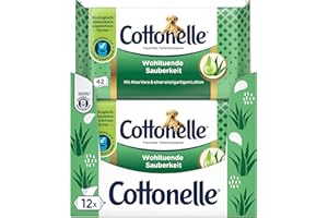 Cottonelle Feuchtes Toilettenpapier, Wohltuende Sauberkeit, Mit prebiotischer Lotion, Biologisch Abbaubar, Plastikfrei, Wiederverschließbar, 12 x 42 Feuchttücher
