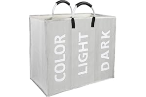 Vegena Panier à Linge Sac à Linge Pliable 3 Compartiments, Corbeilles à Linge en Oxford Grande Capacité avec 2 Poignée 60x32x49cm pour la Chamber Hôtel Dortoir, Gris Clair