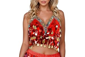 Baisdan Women Sequin Belly Dance Bra Top, Sparkly Fringe Tassel Halter Top Festival Carnival Costume