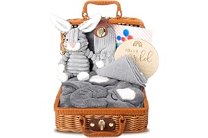 Gobesty Cesta de regalo para recién nacidos, regalos para bebé, 7 en 1, set de regalo para nacimiento con mantas de bebé, pañuelo triangular, peluches, tarjetas de felicitación, tarjetas de nacimiento
