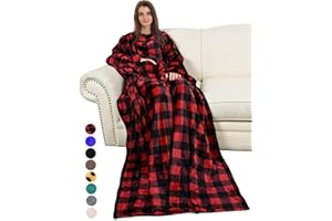 Catalonia Classy Tartan Wearable Snuggle Blanket with Sleeves and Pocket, Soft Cosy Fleece Slankets for Women Fluffy Plush Throws Winter TV Blanket for Sofa Couch 185 x 130 cm, Plaid Red