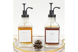 Ezebesta 2 PCS 500ml Syrup Dispensers Large Glass Bottles with Black Pressing Pumps and Various Syrup Labels for Kitchen Coffee Station Organization - Pump Patent Registered