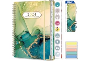 Gumiho Agenda Semainier 2024 Spirale - Agenda Scolaire A5 (Janvier à décembre 2024)-Avec 250 Autocollants de plan Adapté aux Bureau et Famille (Vert 2024)