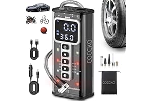 Compresor Aire Portátil,COCCKO 150 PSI Inflador Ruedas Coche,Batería 6000 mAh y 12V DC,Inflador Digital con Función de Luz LED, Hinchador Electrico,para Auto, Moto, Bicicleta y Pelota