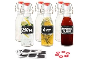 Praknu 6er Set Glasflaschen 250ml mit Bügelverschluss - Bügelflaschen Zum Befüllen - inkl. 6 Extra Dichtungen & 12 Etiketten mit Stift - Glasflaschen für Öl, Essig, Likör, Saft & Sirup