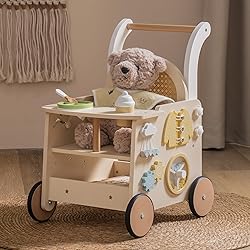 TTLIFE 6 En 1 Trotteur Bébé, Bois Multifonctionnel Chariot De Marche Bébé Hauteur De Poignée Réglable, Avec Panneau De Jeu Et Boîte - Puériculture & Eveil Bébé