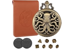 LKKCHER DESIGN Mini DND Dice Set with Steampunk Bronze Hollow Octopus Pocket Watch Case, Gifts with Dice Bag, 7pcs Polyhedral Metal D&D Dice Set, DND Starter Set, Role Playing Board Games Accessories ﻿