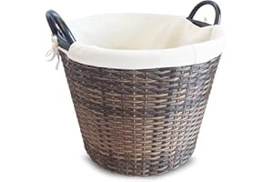 HABAU Feuerholzkorb mit waschbarem Stoffeinsatz, Holzkorb aus extrem robustem Polyethylen mit Metallrahmen - Korb mit 48 cm Durchmesser (Braun, Mittel)