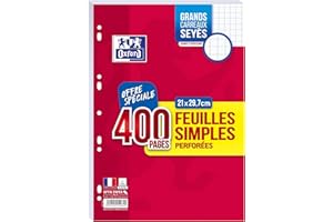 OXFORD Lot de 400 Pages Feuilles Simples Grands Carreaux Seyes Format A4 (21x29,7cm) Perforees, Blanches