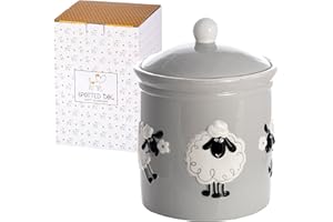 SPOTTED DOG GIFT COMPANY Ceramic Storage Jar with Lid for Kitchen 1.25 Litre 19 x 13 cm Grey Animal Themed Sheep Gifts for Women