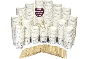GOBECUPS 400 Gobelets Jetables Café de 110 ml / 4oz en Carton Papier Blancs, Solides et Étanches, Idéaux pour Café Court, Lungo, Espresso, Macchiato. Avec des Agitateurs en Bois Écologiques