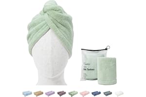 ENETIX 2 Stück Microfaser Handtuch für Damen, Haare Schnelltrocknend 25 × 70 cm Super Absorbierender Anti-Frizz-Haar-Turban, Schnell trocknende Haartücher mit Knopf (Minze)