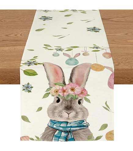 Ostern Tischläufer 33x120 Cm Aus Leinen – Niedliche Hasen & Eier Design Für Festliche Tischdekoration