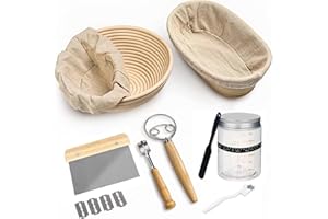Neuytiky Kit Preparazione Pane in Casa 8 Pezzi,Set di Cestino da Lievitazione per Pane,Cestino Lievitazione Rotondo in Rattan Naturale,per Impasto di,Pizza e Pasticceria