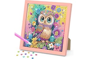 DOMROM Owl Diamond Painting Kit with Frame, Flowers Diamond Art for Kids Ages 6-12, DIY Easy Gem Art Kit Gift
