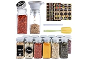 Kuro-sagol Gewürzgläser 12er Set, Gewürzgläser Eckig 120ml Gewürzdosen Gewürzstreuer Glas Gewürzbehälter Gewurzglaserset mit Streueinsatz Etiketten Trichter Marker Bürste- Spice jars