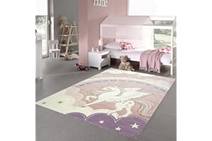‎TEPPICH-TRAUM Teppich-Traum Children's Room Play Mat Suitable for Underfloor Heating Unicorn Rainbow Sky Cream Pink Size 160 x 230 cm